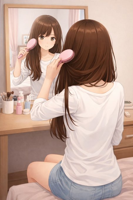 An anime-style illustration of a girl with long brown hair brushing her hair in front of a mirror at a vanity table.