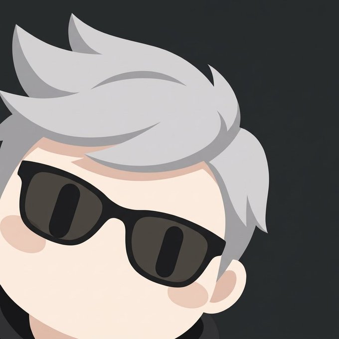 A stylized cartoon illustration of a character with white, spiky hair wearing large black sunglasses against a dark background.