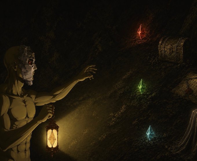 A muscular figure with a partially mechanical skull reaches toward glowing colored crystals (red, green, blue) in a dark cave, holding a lantern, with a treasure chest nearby.
