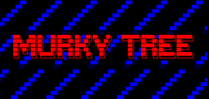 A digital graphic featuring the text 'MURKY TREE' in bold red pixelated letters over a background of diagonal blue dashed lines on black.