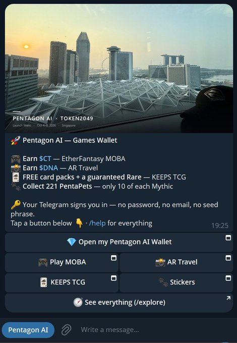 A Telegram bot interface for 'PENTAGON AI' launched from Singapore shows options for Games Wallet (EtherFantasy MOBA, AR Travel, KEEPS TCG, Stickers) overlaid on a cityscape image.
