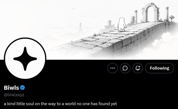 A social media profile header for "Biwls" (@biwlsxyz) displaying the caption "a kind little soul on the way to a world no one has found yet," with a minimalist black-and-white illustration of a small figure on a stone path.