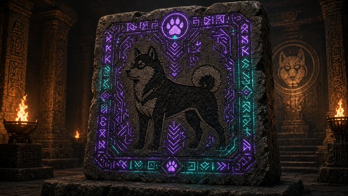 A digital illustration of a carved stone tablet with glowing purple and teal runes depicting a shiba inu dog, set in an ancient temple with a feline statue.