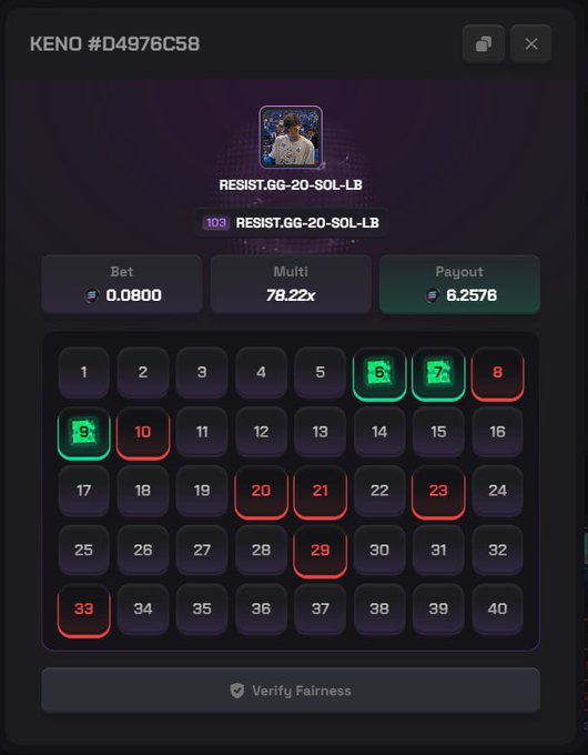 The image shows a Keno betting interface (ID #D4976C58) where a player placed a 0.0800 bet on the "RESIST.GG-20-SOL-LB" game with a 78.22x multiplier potential, resulting in a 6.2576 payout. The grid displays the winning tiles highlighted in green and red, with the user noting they only needed 3 more matching tiles to hit the 78x payout on this solpump.io Keno game.