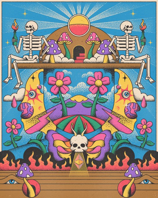 A psychedelic illustration features skeletons, mushrooms, moons, flowers, flames, and butterflies arranged in a symmetrical, surreal composition with bright colors.