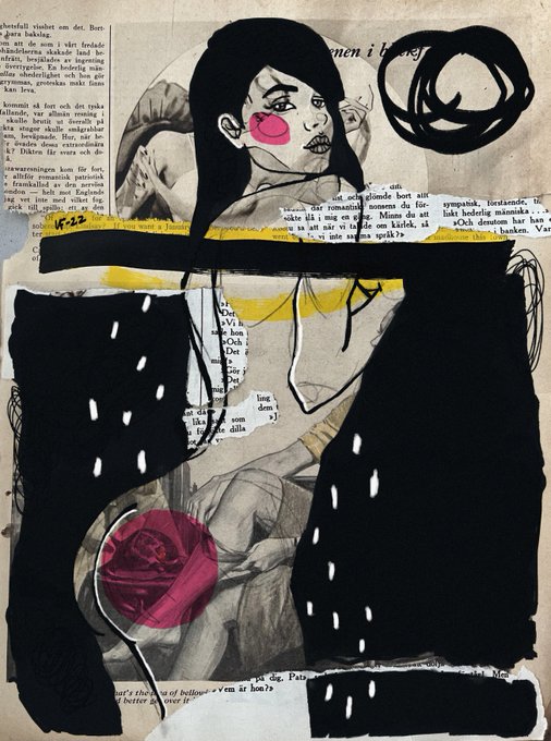 A mixed-media collage artwork featuring ink drawings of figures, a pink painted face, a black and white cowl, layered over torn pages of printed text.