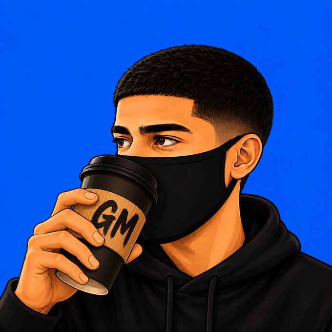 A digital illustration of a young man wearing a black face mask and hoodie, drinking from a black coffee cup labeled 'GM' against a solid blue background.