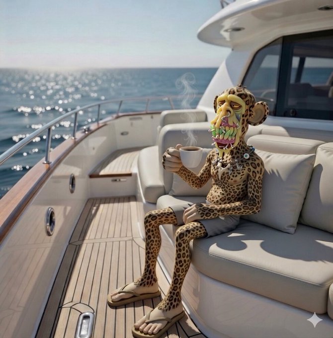 A surreal AI-generated image of a humanoid leopard character in a mask sitting on a yacht deck, sipping from a steaming coffee cup.