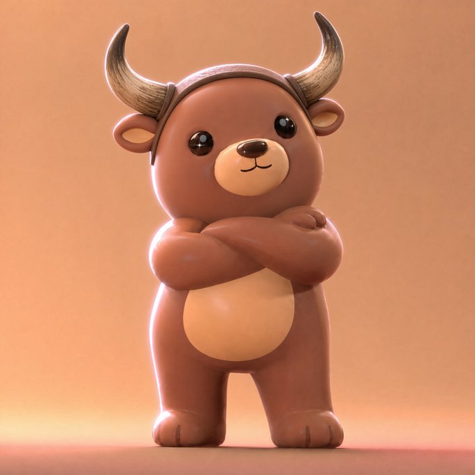 A 3D-rendered brown cartoon character resembling a bear or bull stands with its arms crossed, wearing a headband with horns.