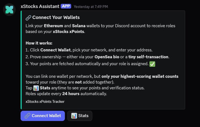 The image shows a page on a computer screen where an app called "xStocksAssist" is installed. The app is designed for users to connect their Ethereum wallet (or bank account) with that of Solana, enabling them to perform transactions from one wallet to another. The instructions in the app prompt the user to link their Ethereum wallet and Solana wallet, as well as to input some details about the transfer process. In the text box below the information screen, there is a summary of what has been done or what is left for the user to do.