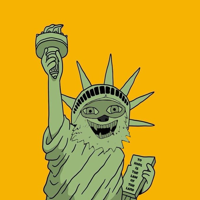 An illustration of the Statue of Liberty as a cartoon cat holding a tablet inscribed 'TO HODL IS THE LAW OF THE LAND,' referencing cryptocurrency culture against an orange background.