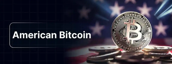 A banner featuring a physical Bitcoin token on a pile of coins with an American flag in the background, labeled 'American Bitcoin'.