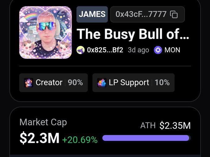 A crypto token profile page for "JAMES" titled "The Busy Bull of..." with a market cap of $2.3M (+20.69%), an ATH of $2.35M, and a 90/10 Creator to LP Support split.