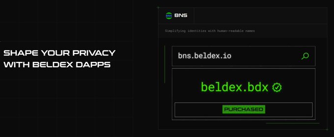 The image promotes Beldex's BNS (Beldex Name Service), showing a search interface where the complex address "bns.beldex.io" is simplified into the readable "beldex.bdx" with a "PURCHASED" status, alongside the text "SHAPE YOUR PRIVACY WITH BELDEX DAPPS." This visualizes the post's message that BNS replaces confusing crypto addresses with human-readable .bdx names, making Beldex's privacy-focused dApps easier to use.