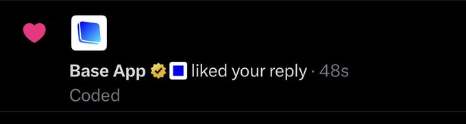 The image shows a notification from "Base App" with a verified checkmark indicating they liked a reply titled "Coded," posted 48 seconds ago. This relates to the accompanying post about $BASECAT and cats having their turn in crypto cycles, as the user appears to be discussing a coded or cat-themed crypto project that caught the attention of Base App.