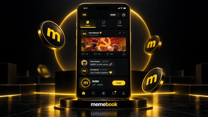 A 3D-rendered promotional image for 'memebook' featuring a smartphone displaying a social feed with posts about $MBK and '@memobook', surrounded by large golden 'M' coins and a glowing yellow ring on a dark pedestal.