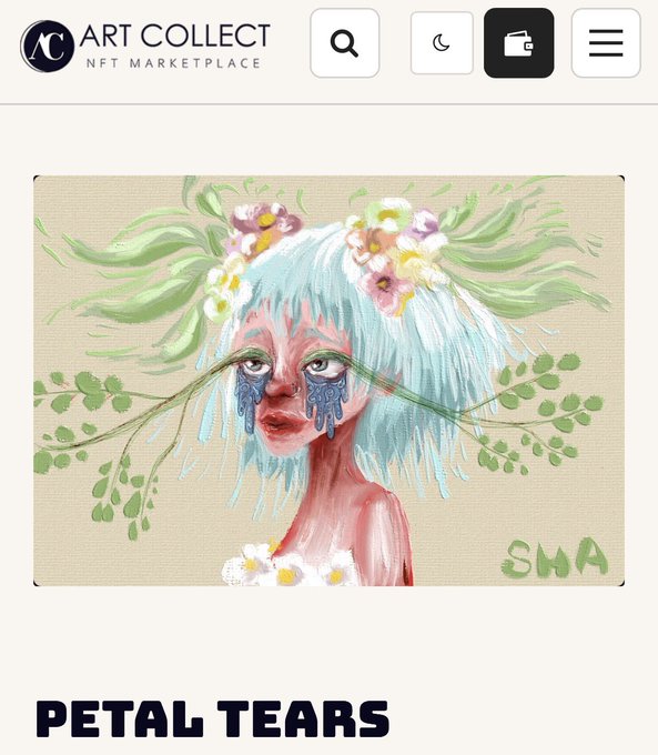 A digital marketplace screenshot from "ART COLLECT NFT MARKETPLACE" showing an artwork titled "PETAL TEARS" by SHA, featuring a painted character with light blue hair, flower crown, and blue painted tears.