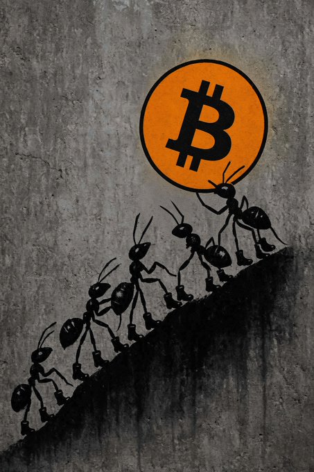 Artwork showing a line of black ants climbing an incline on a concrete background, with the lead ant carrying a large orange Bitcoin logo.