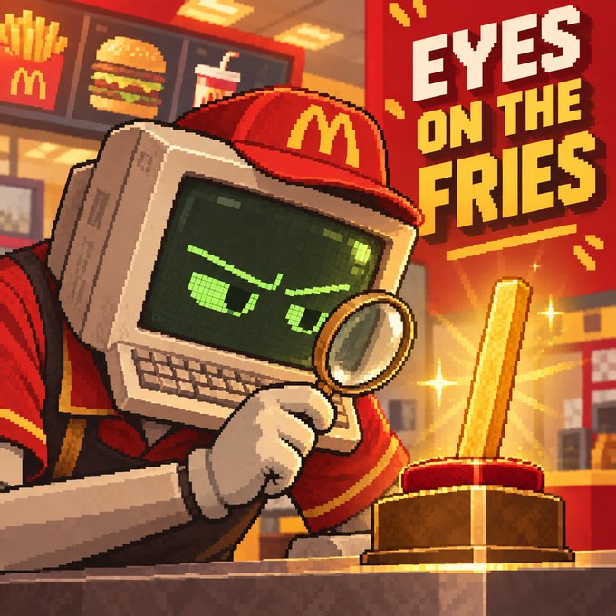 A pixel art illustration of a McDonald's cashier character with a computer monitor head and a McDonald's hat, holding a magnifying glass next to fries, with text 'EYES ON THE FRIES'.