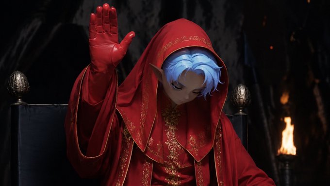 A 3D-rendered character with blue hair and pointed ears wears an ornate red hooded robe with gold embroidery, raising a red-gloved hand against a dark backdrop with fire in the distance.