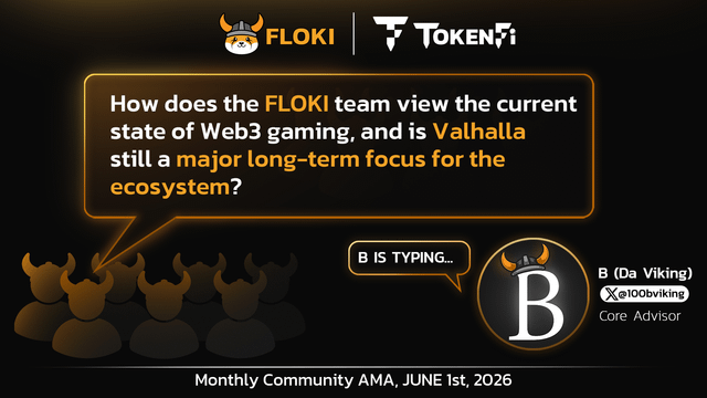 The image shows a group of people with horns standing against a black background. The text in the image reads "How does the Floki team view the current state of Web3 gaming, and is Valhalla still a major long-term focus for the ecosystem?". This question is related to the post about Floki and web3 gaming, as it asks how the Floki team views the current state of Web3 gaming and whether or not they consider Valhalla a major long-term focus.