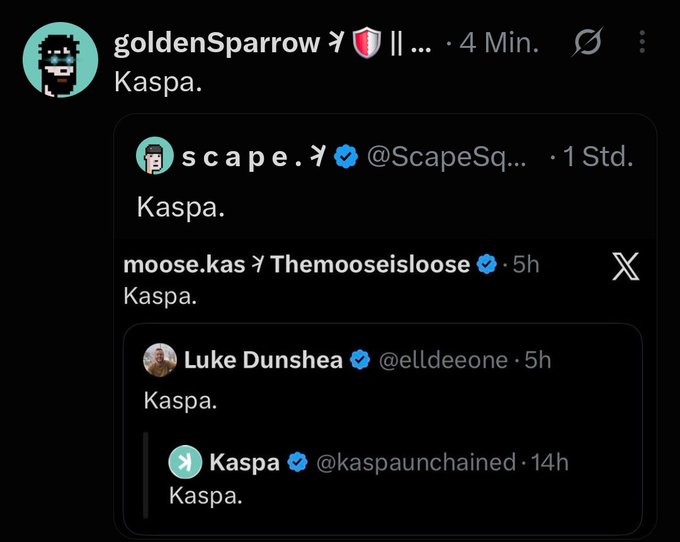 A user named "goldenSparrow" quoted multiple tweets, all simply stating "Kaspa." — including posts from scape, moose.kas (Themooseisloose), Luke Dunshea (@elldeeone), and the official @kaspaunchained account — seemingly amplifying a collective, minimal expression of support or endorsement for the Kaspa cryptocurrency project.