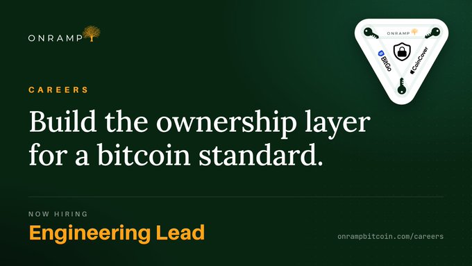 Career advertisement graphic for OnRamp Bitcoin hiring an 'Engineering Lead' with the tagline 'Build the ownership layer for a bitcoin standard' displayed on a dark green background alongside a triangular hardware device.