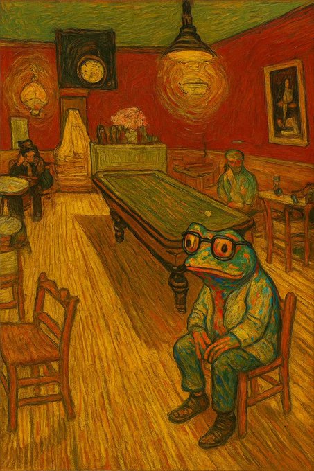 A painting in Van Gogh's style depicting a frog-like figure with glasses sitting at a billiards table in a red-walled café reminiscent of 'The Night Café'.