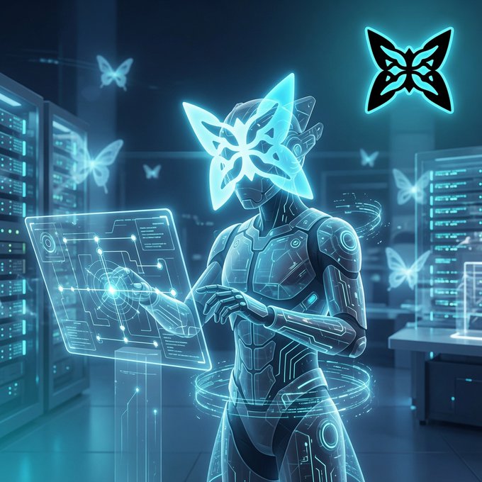 A futuristic digital artwork of a humanoid figure with a glowing butterfly mask interacting with a holographic interface in a tech-filled room with butterflies.