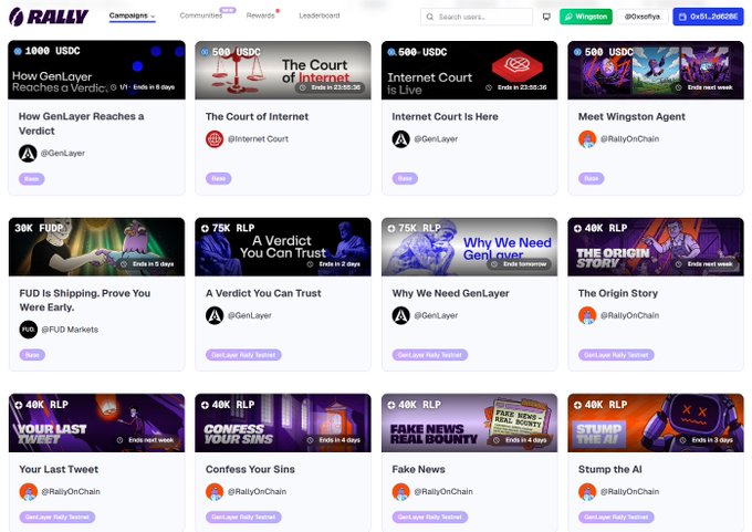 A screenshot of the Rally.io platform showing various campaigns including 'How GenLayer Reaches a Verdict,' 'The Court of Internet,' 'A Verdict You Can Trust,' and 'Confess Your Sins.'