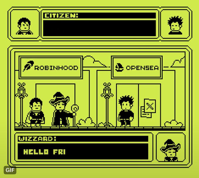 Retro pixel-art RPG-style scene featuring Robinhood and OpenSea storefronts with a Citizen and Wizard dialogue saying "HELLO FRI".