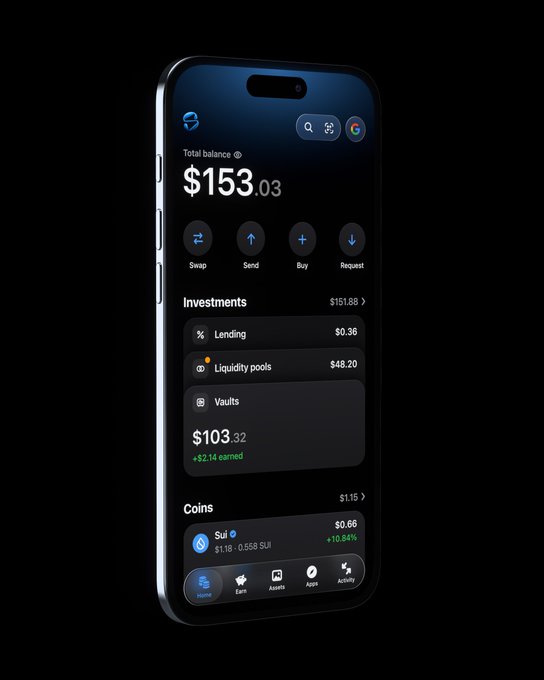 A redesigned Slush Wallet mobile app interface displayed on a smartphone, showing a total balance of $153.03 with quick action buttons (Swap, Send, Buy, Request), an Investments section featuring Lending ($0.36), Liquidity pools ($48.20), and Vaults ($103.32, +$2.14 earned), plus a Coins tab tracking SUI at $0.66 (+10.84%). The clean dark-themed layout reflects the weekend redesign mentioned in the caption, showcasing the user's refreshed vision for the crypto wallet's home screen.