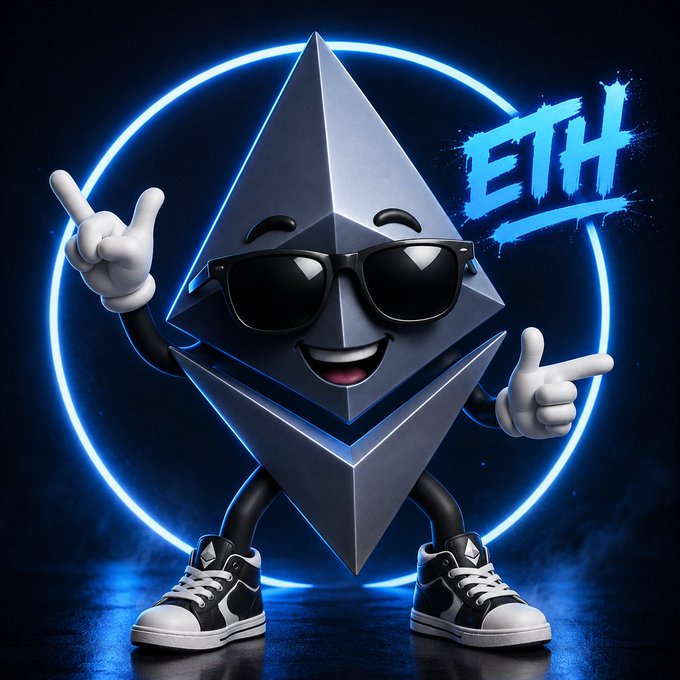 A 3D-rendered mascot character of the Ethereum (ETH) cryptocurrency logo depicted as an anthropomorphic silver geometric figure wearing sunglasses and sneakers, pointing to itself with "ETH" graffiti-style text on a blue neon circular background.