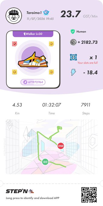 A STEPN app screenshot shows a Walker Lv30 sneaker NFT with stats including 4.53 km, 01:32:07 time, 7911 steps, 23.7 GST/Min, and a route map dated 11/07/2026.