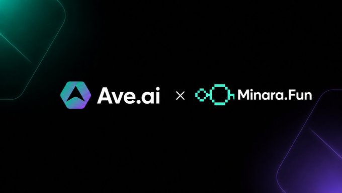 A promotional graphic displaying the partnership between Ave.ai and Minara.Fun, featuring both company logos side-by-side with an "×" symbol between them against a dark background with subtle geometric accents. The image aligns with the post announcing Ave.ai's official integration of the Minara.fun Launchpad, highlighting their collaboration in token launch infrastructure.