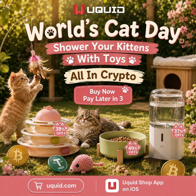 Promotional graphic for Uquid's 'World's Cat Day' featuring kittens playing with toys, offering 'Buy Now Pay Later in 3' with crypto, including a Bitcoin cat toy and various pet products with discount percentages.