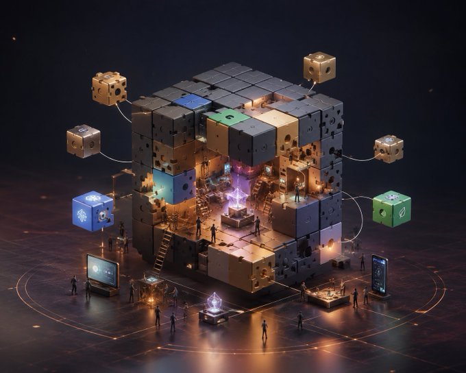 A 3D-rendered conceptual image of a large cube made of smaller modular blocks, with tiny figures of people exploring a glowing interior space and floating cube icons connected by lines.
