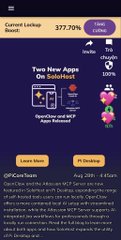 A graphic claiming to be the "CP Core Team" announces that Open Mainnet is launching in only 22 days (on February 20, 2025), with Pi Coin trading at $377.70 against Bitcoin and offering over 100% APY—presented as a polished promotional teaser for Pi Network.