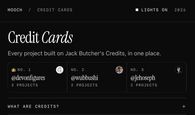 A dark-themed webpage titled 'Credit Cards' with the header 'MOOCH / CREDIT CARDS' and 'LIGHTS ON 2026', displaying 'Every project built on Jack Butcher's Credits, in one place' along with three user entries: @devonfigures (3 projects), @wubbushi (2 projects), and @jehoseph (2 projects).