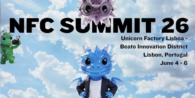 The image features a cartoon dragon with a blue body, green head, and white wings standing against a cloudy sky. The dragon appears to be wearing a suit and holding a camera. Below the dragon, there are three small figures of people - one person is holding a camera, another has a phone in their hand, and the third figure is holding a book. The text "NFC Summit 26" is written at the top of the image, indicating that this event is taking place on June 4th.