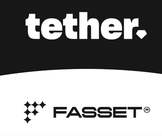 The image features two logos, one black and white with "Tether" written in bold letters and another black and white logo for "Fasset". The text "JUST IN: Tether and Fasset have unveiled a gold-backed Visa card." is also present on the image. This suggests that there might be some connection between these two logos, possibly related to the concept of a gold-backed Visa card or a new product from Fasset.