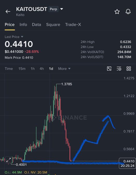 A Binance perpetual futures chart for KAITO/USDT shows the token trading at $0.4410 (down 28.69%) after rallying to a high of $1.3785, with the price now hovering near the analyst's highlighted reversal zone of $0.36–$0.44 ahead of a potential upward move.
