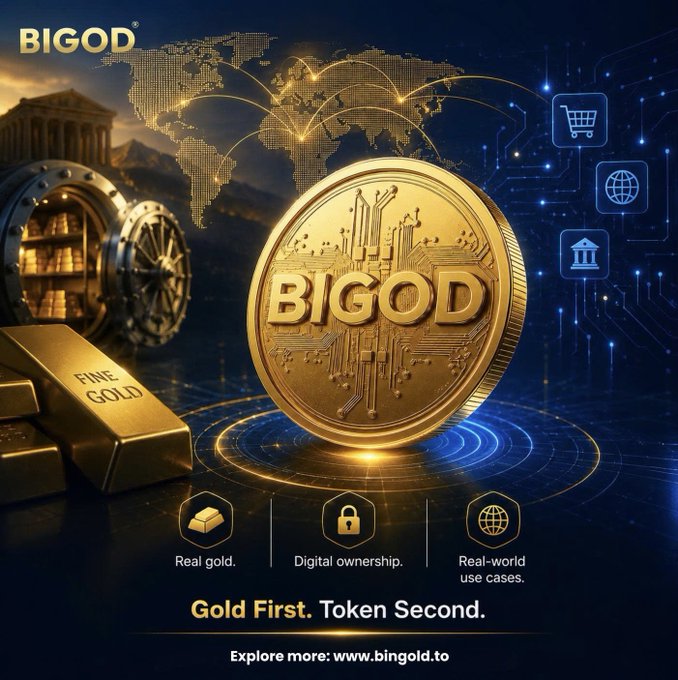 A promotional advertisement for 'BIGOD' featuring a large gold token labeled 'BIGOD', gold bars, a vault, and the tagline 'Gold First. Token Second. Explore more: www.bingold.to'.