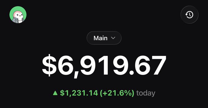 A trading portfolio screenshot showing a balance of $6,919.67 in the "Main" account, with today's gains of $1,231.14 (+21.6%) displayed in green. The post uses this impressive single-day gain to humorously argue that losing money on memecoins is merely a "skill issue" rather than inherent risk.