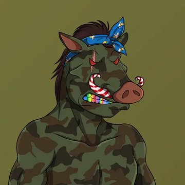 An illustration of an anthropomorphic cow character with a blue bandana, glowing red eyes, sharp teeth, and camouflage clothing against an olive green background.