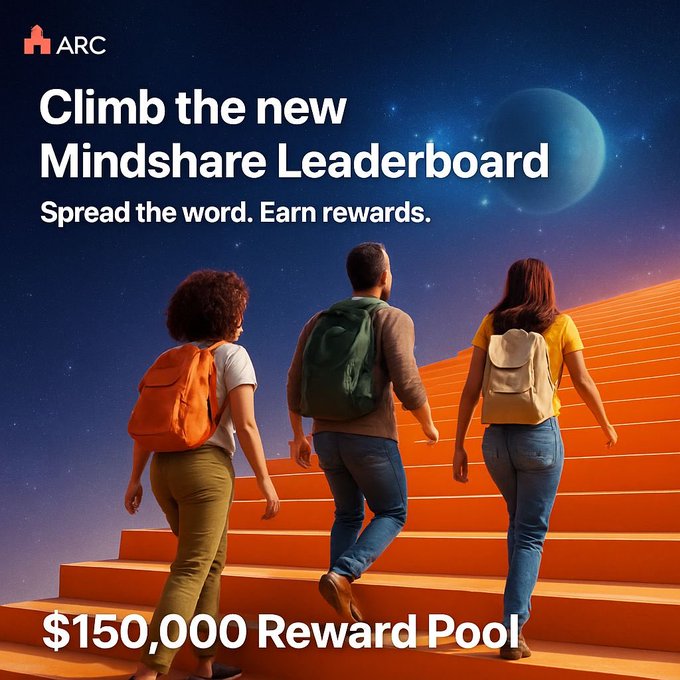 The image features a group of three people walking up an orange staircase, with a large planet visible in the background. The caption for the image reads "Climb the new Mindshare Leaderboard Spread the word. Earn rewards."