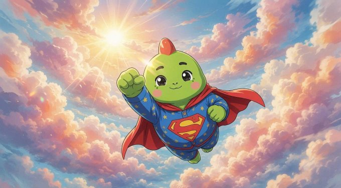 A cartoon green character wearing a Superman-style costume with a red cape and the iconic "S" shield flies triumphantly through pink-hued clouds beneath a radiant sun, symbolizing empowerment and ownership. The image reinforces the post's message of $SLEEP's mission to transform wellness contributions into something users can own and benefit from, casting them as the heroes of their own health data rather than products of monetized platforms.