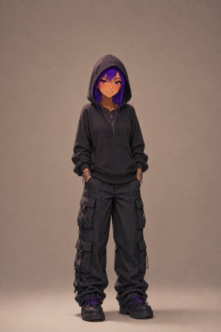 An AI-generated image shows an anime-style character with purple hair wearing an oversized black hoodie, baggy black cargo pants, and dark sneakers.