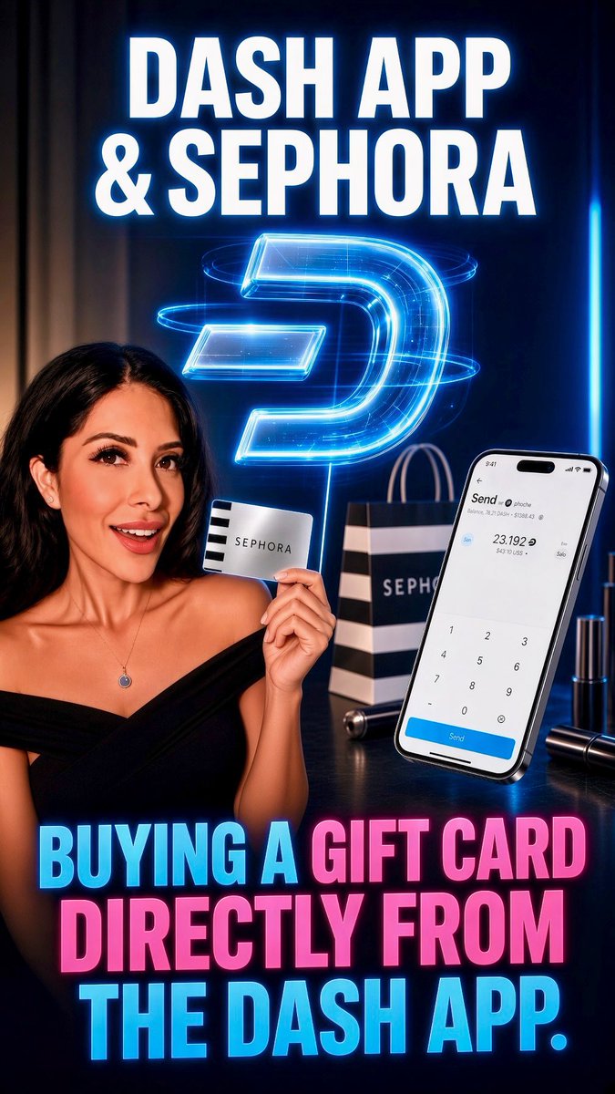 A promotional graphic reading 'DASH APP & SEPHORA - BUYING A GIFT CARD DIRECTLY FROM THE DASH APP,' featuring a woman holding a Sephora card alongside a Dash app payment screen showing $23,192.
