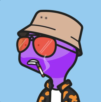 A purple cartoon character wearing a bucket hat, orange-tinted sunglasses, and smoking a cigarette against a blue background.